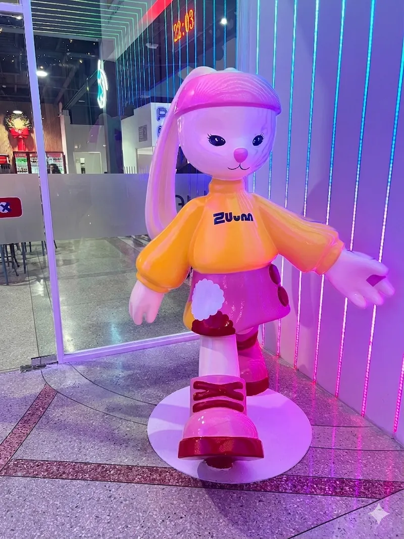 Mascota oficial de Zuum Park, figura de conejita con traje naranja y luces de neón rosado